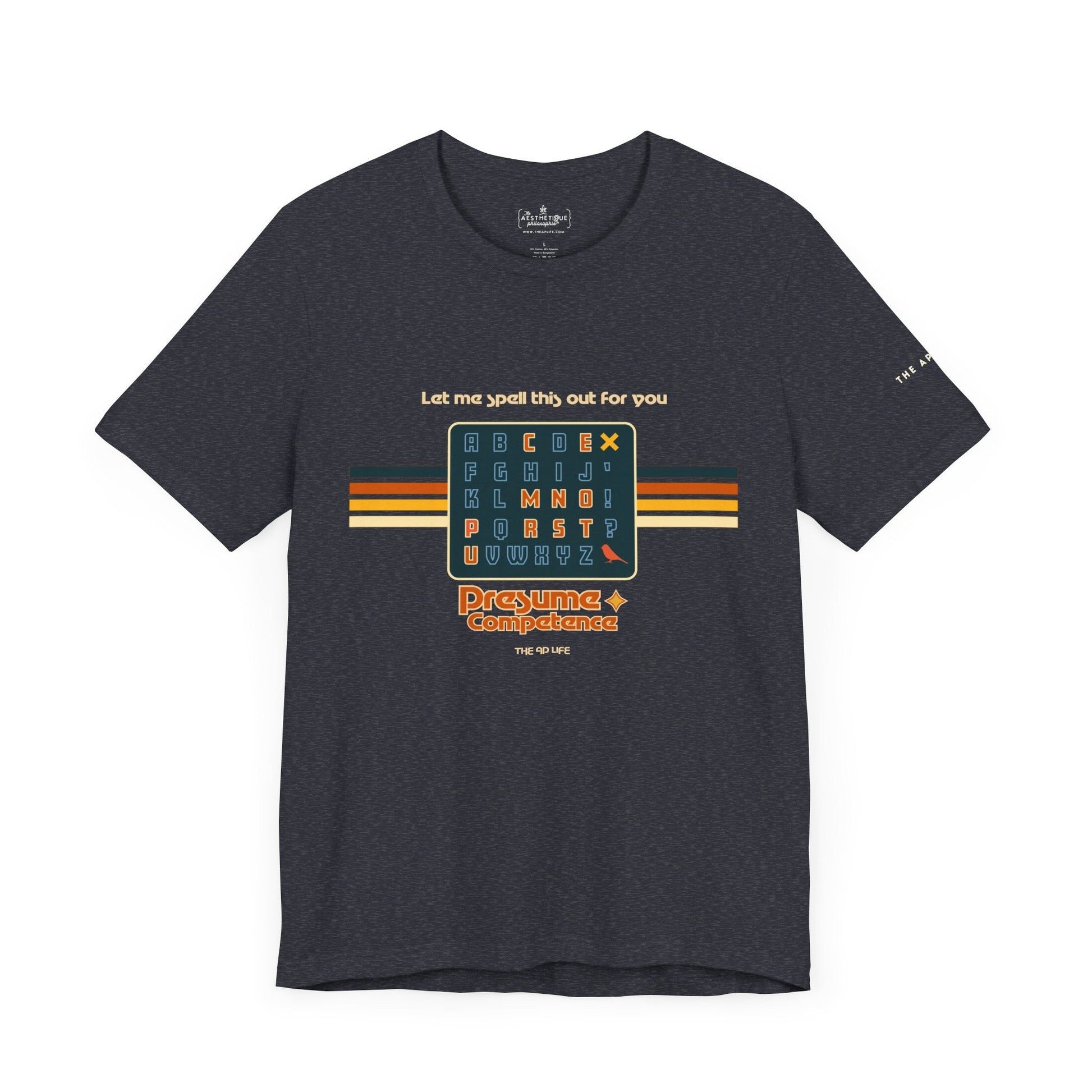 Dark heather unisex jersey tee with spelling-themed letter grid graphic on front