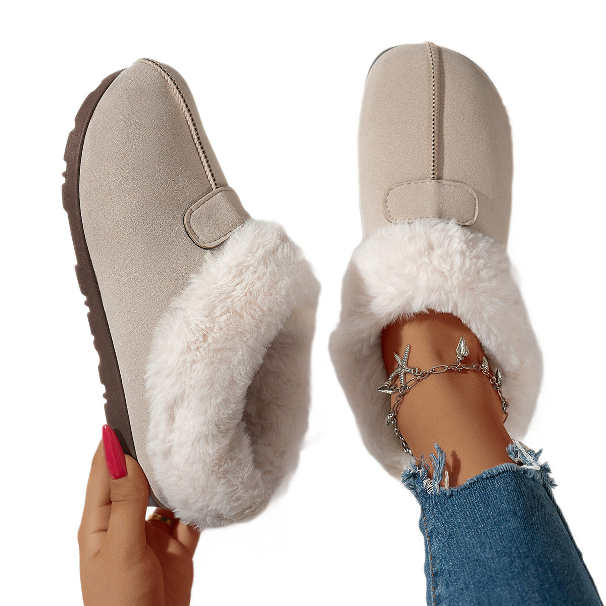 Women's snow boots in light beige with white faux-fur lining and button tab strap