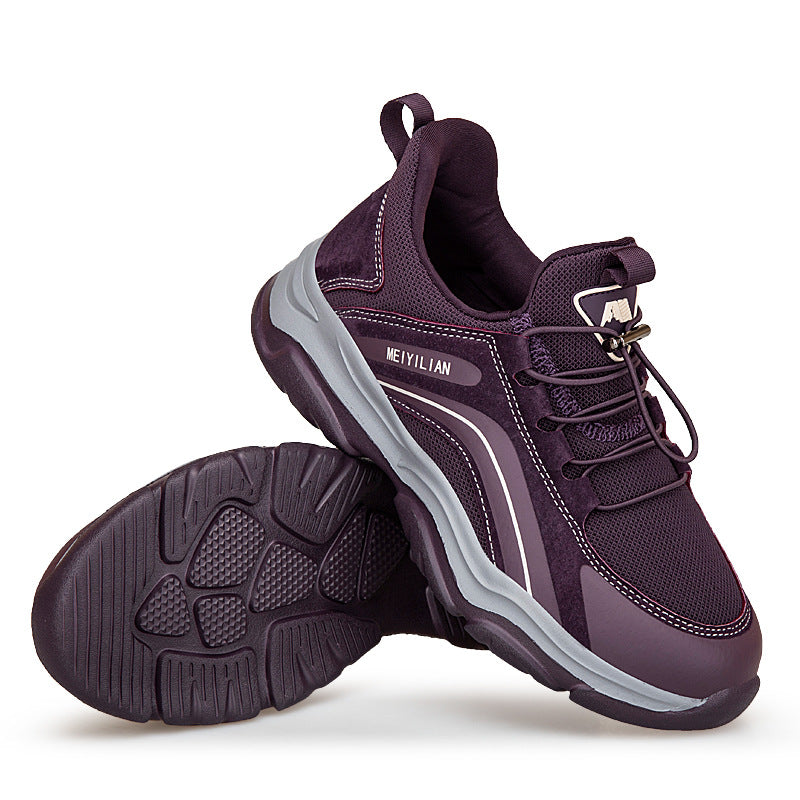 Women's outdoor mesh casual shoe in purple with lace-up and chunky rubber sole