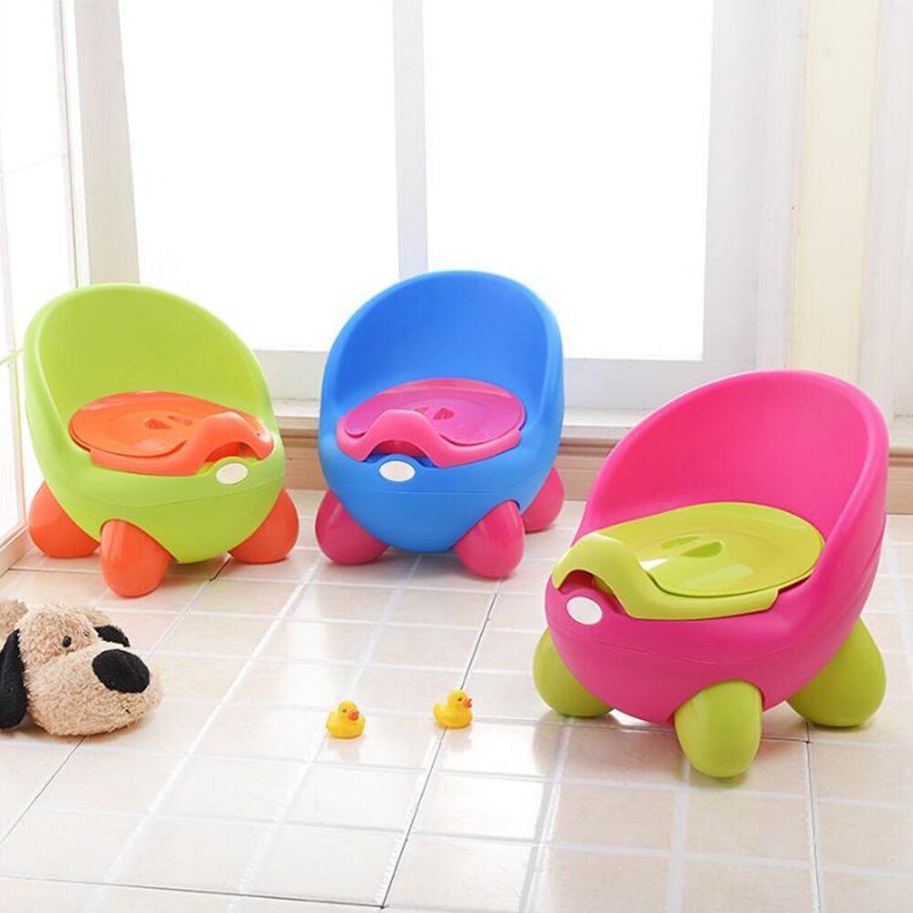 Kids cartoon potty stool set in green, blue, and pink with molded insert and legs