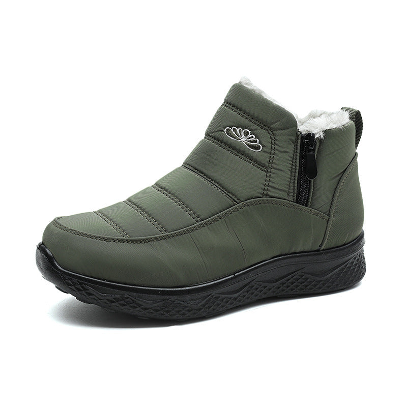 Olive ankle snow boot with side zipper and padded collar