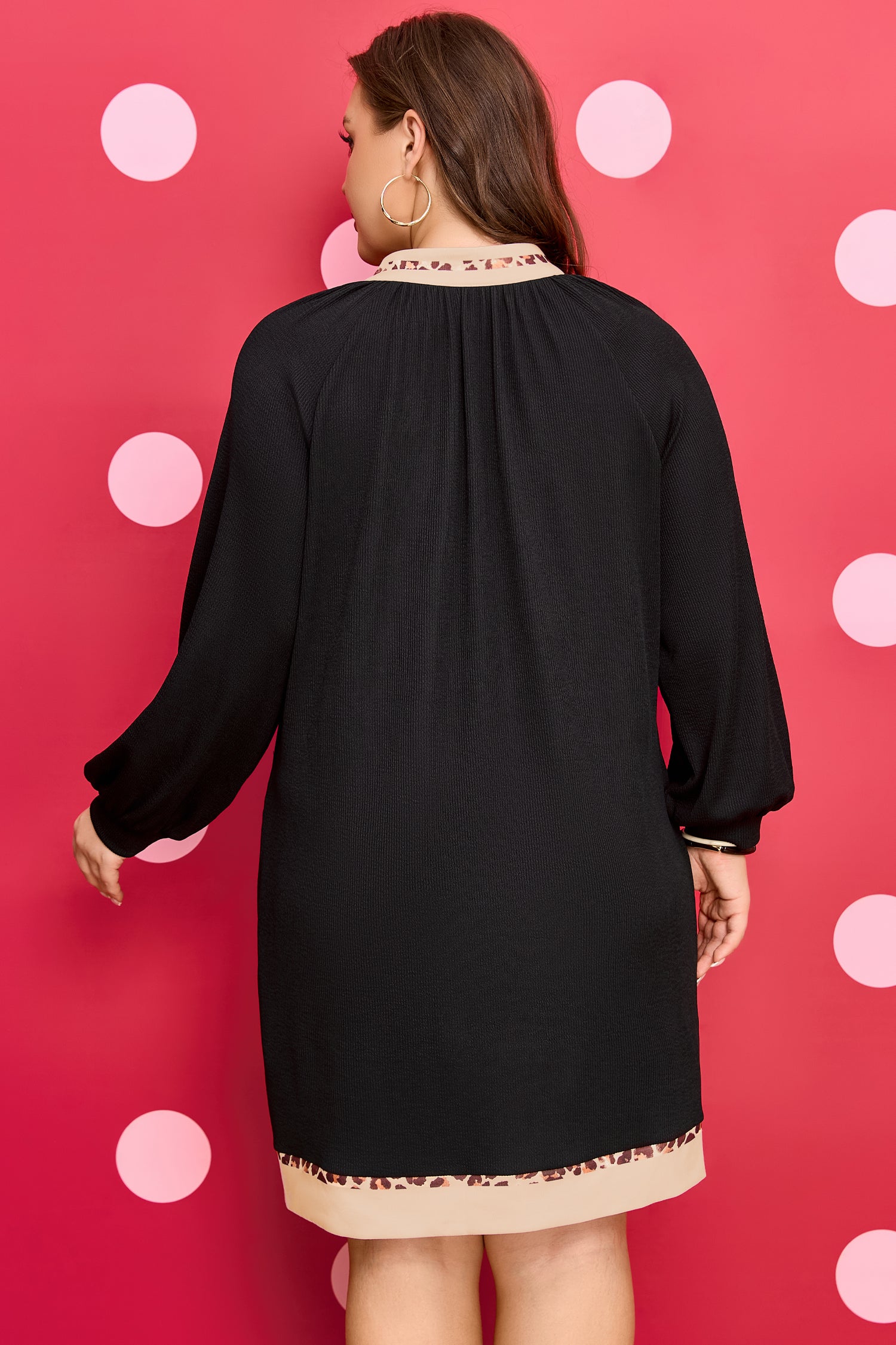Black ribbed PLUS dress, V yoke embroidery, contrast trim at neckline and hem