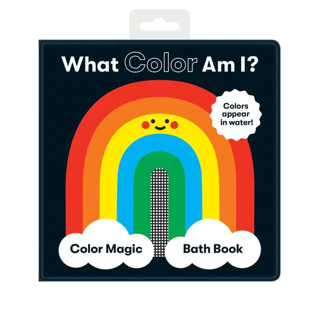 Vinyl-bound bath book with dark blue cover and rainbow title text