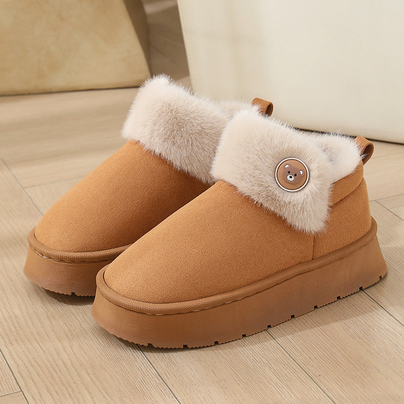 Khaki ankle wrap cotton slippers with cream plush cuff and bear button
