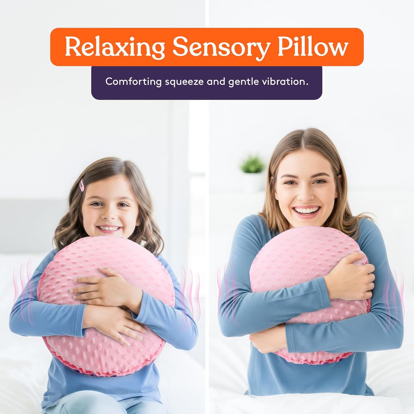 Pink textured plush sensory pillow with raised dots hugged by a child and adult.