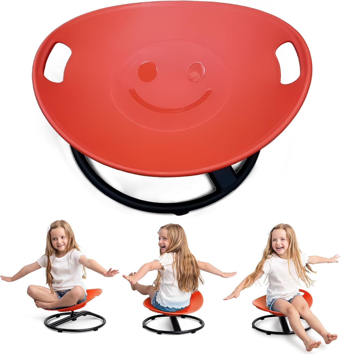 Red kids spinning chair with smile face, side handholds, and black pivot base