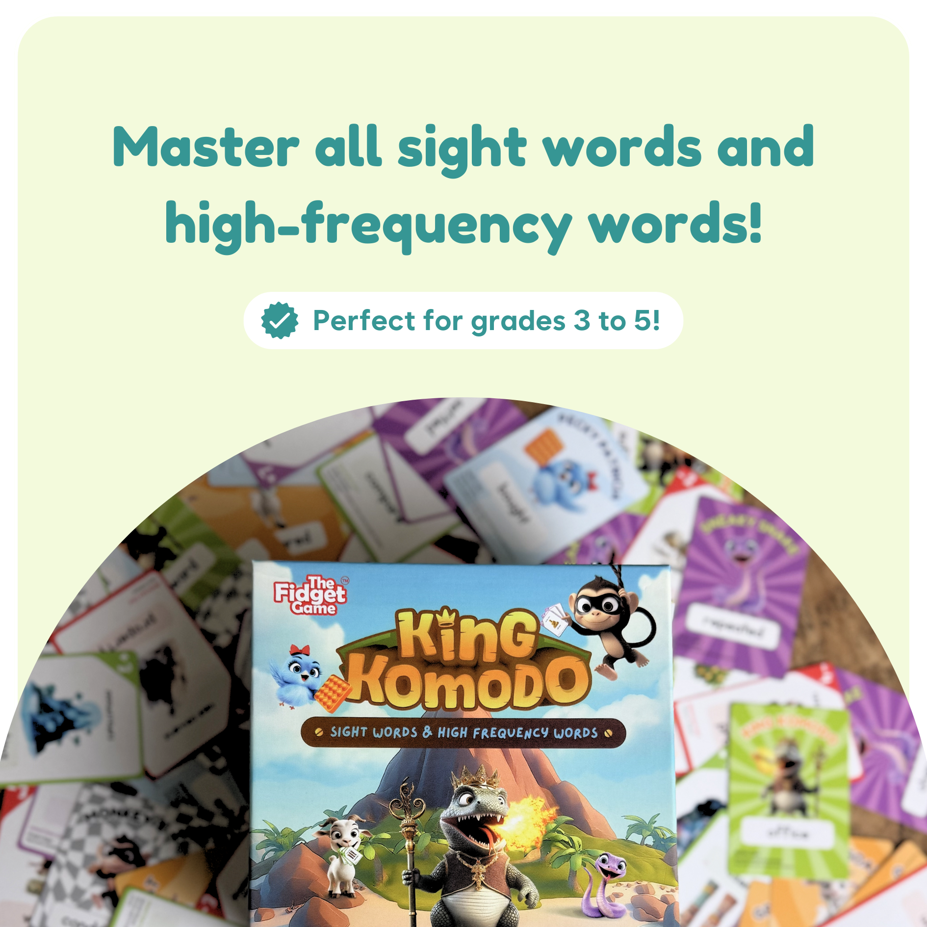 King Komodo game box with nearby word card packs for sight words and high-frequency words