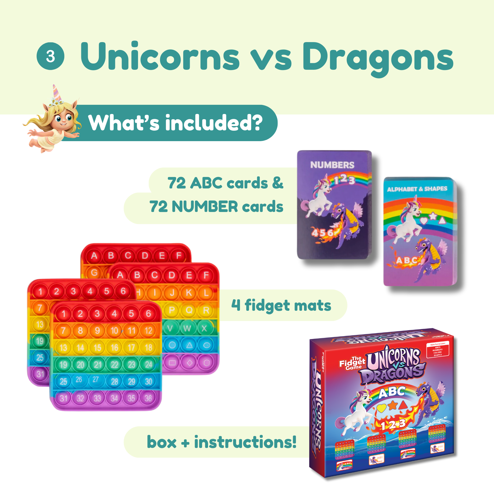Unicorns vs Dragons learning set with 4 fidget mats, ABC and number cards, and box