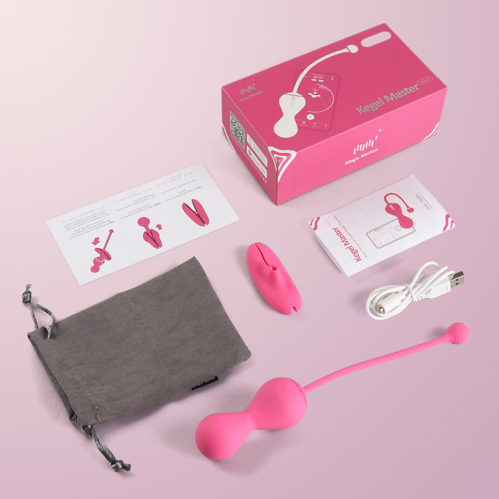 Pink pelvic floor trainer with curved handle and rounded silicone bulb