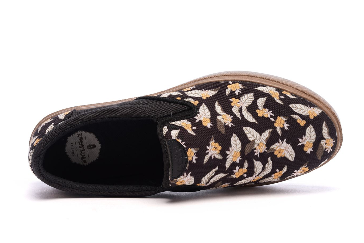 Men's slip-on sneaker with black lining and floral textile upper