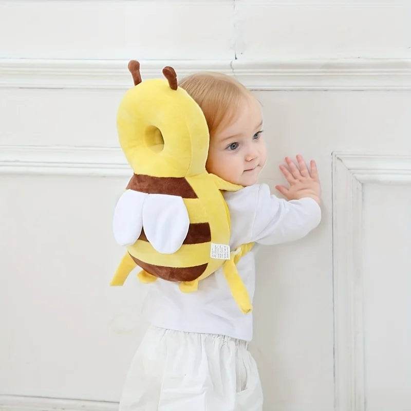 Bee head cushion pillow with neck strap, yellow plush and brown stripe