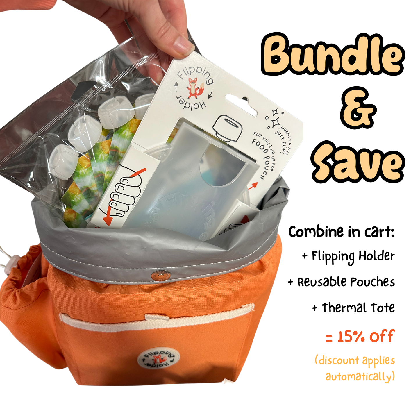Orange thermal tote bag open with food pouches inside