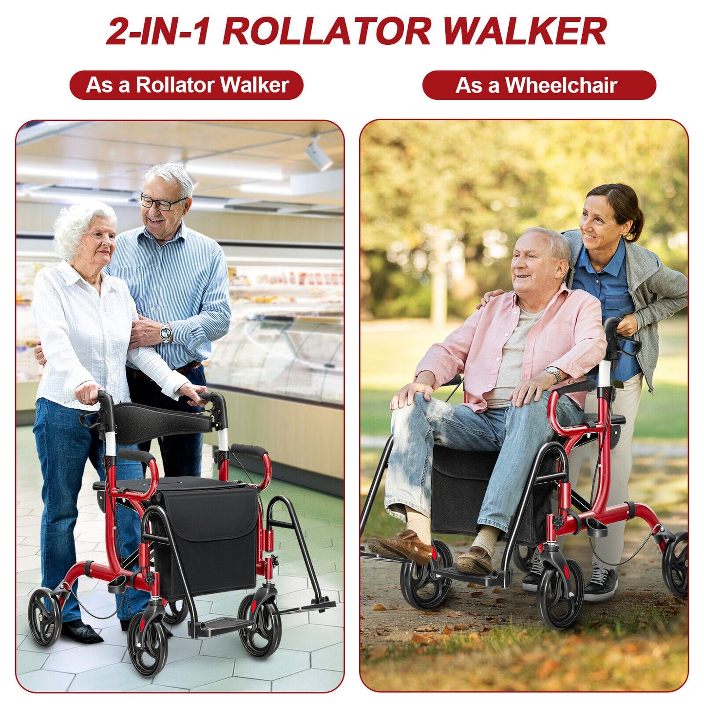 2-in-1 rollator walker shown in two uses: as a rollator and as a wheelchair.