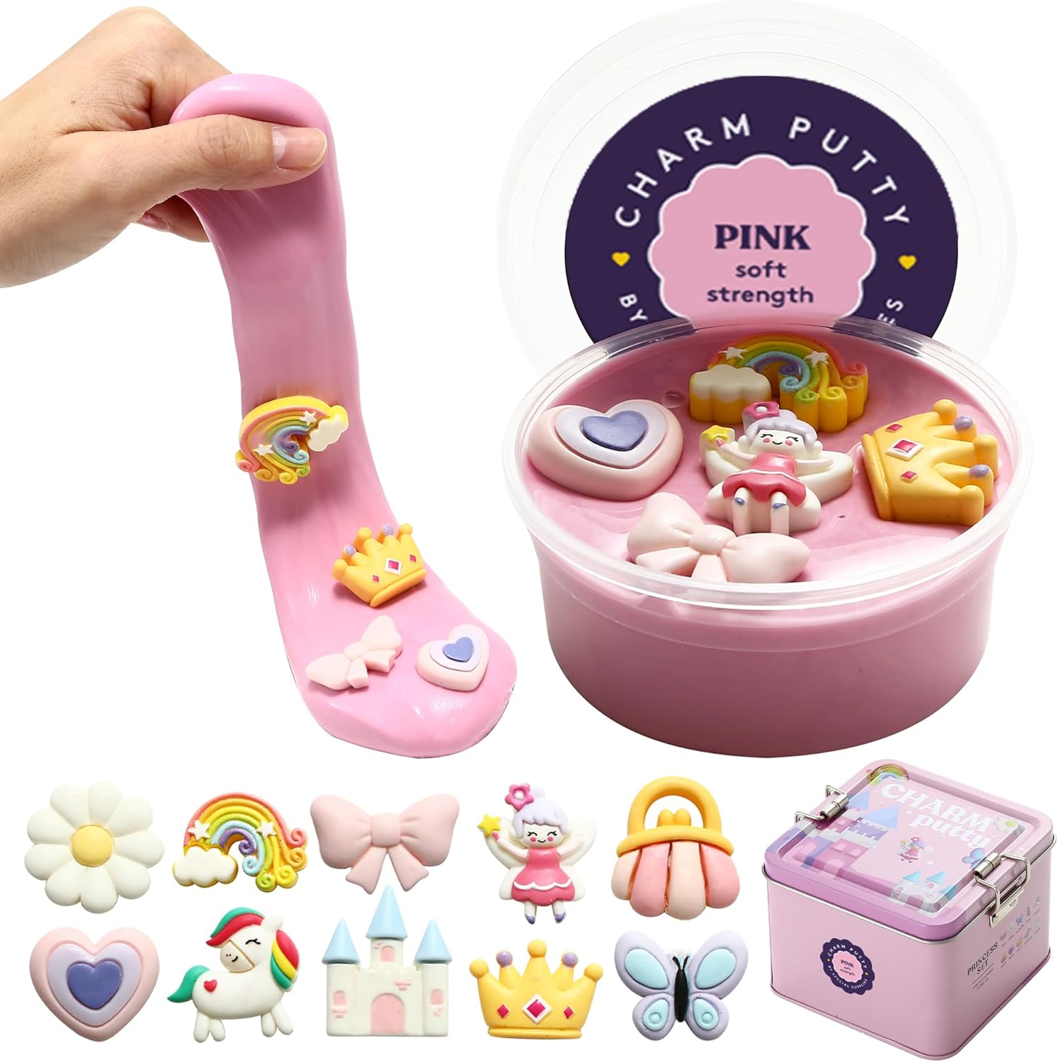 Pink sensory putty in hand and open jar with hearts, rainbows, and animal charms