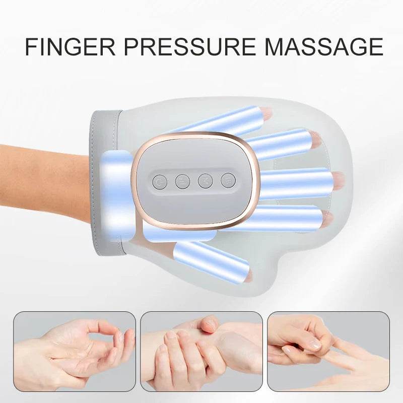 Airbag hand massager with blue massage air tubes and oval control screen on top