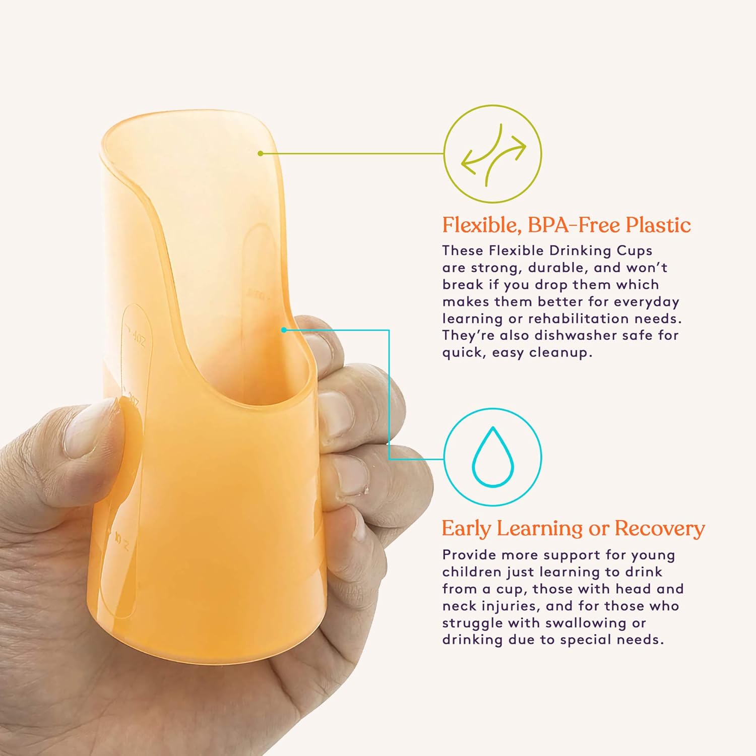 Orange flexible therapy drink cup held in hand, with front nose cutout for sipping