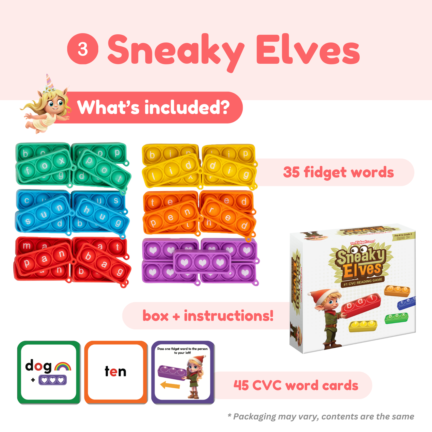 Multi-color pop-it word tiles, word cards, and a game box with instruction pages