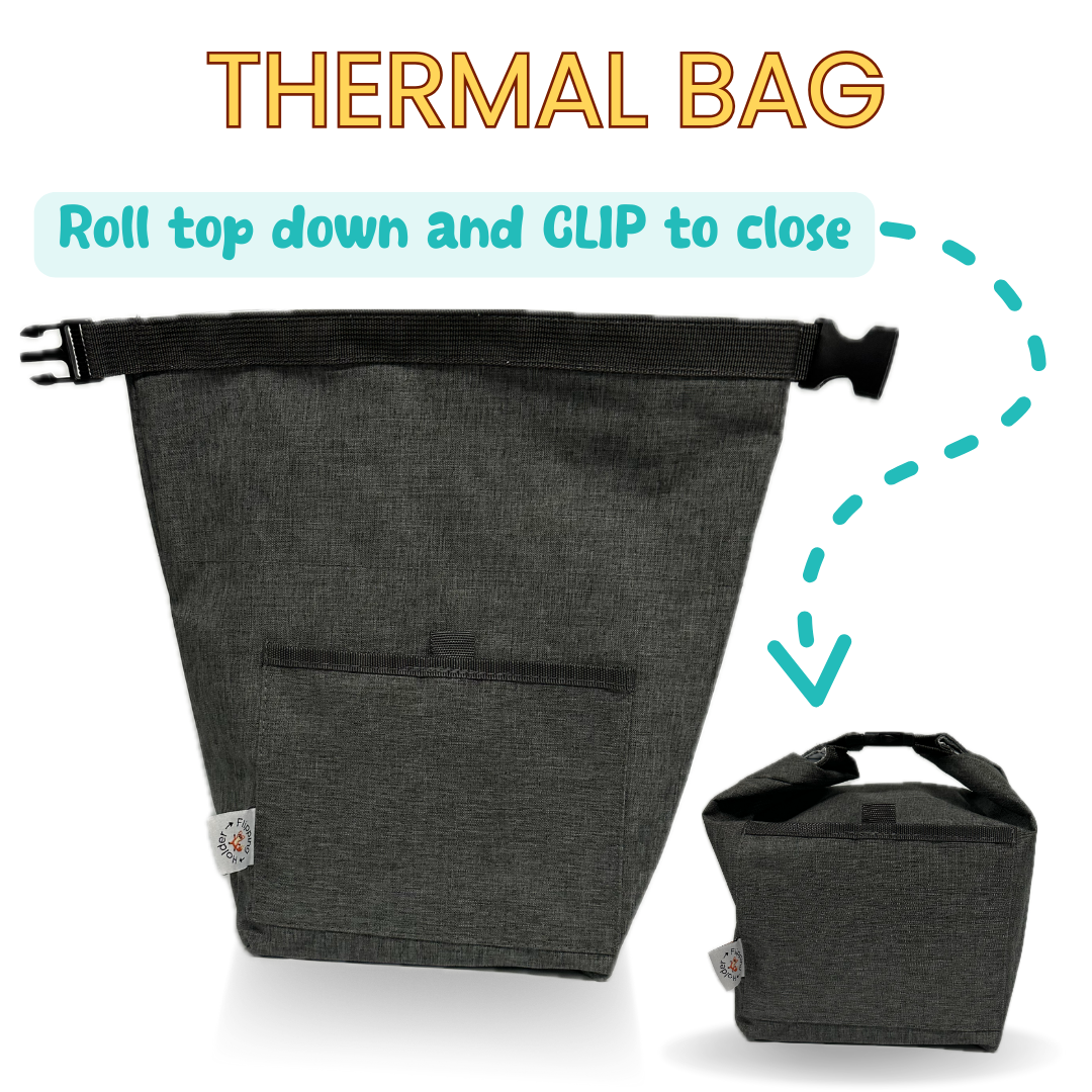 Dark gray thermal bag with roll-top clip closure and front pocket