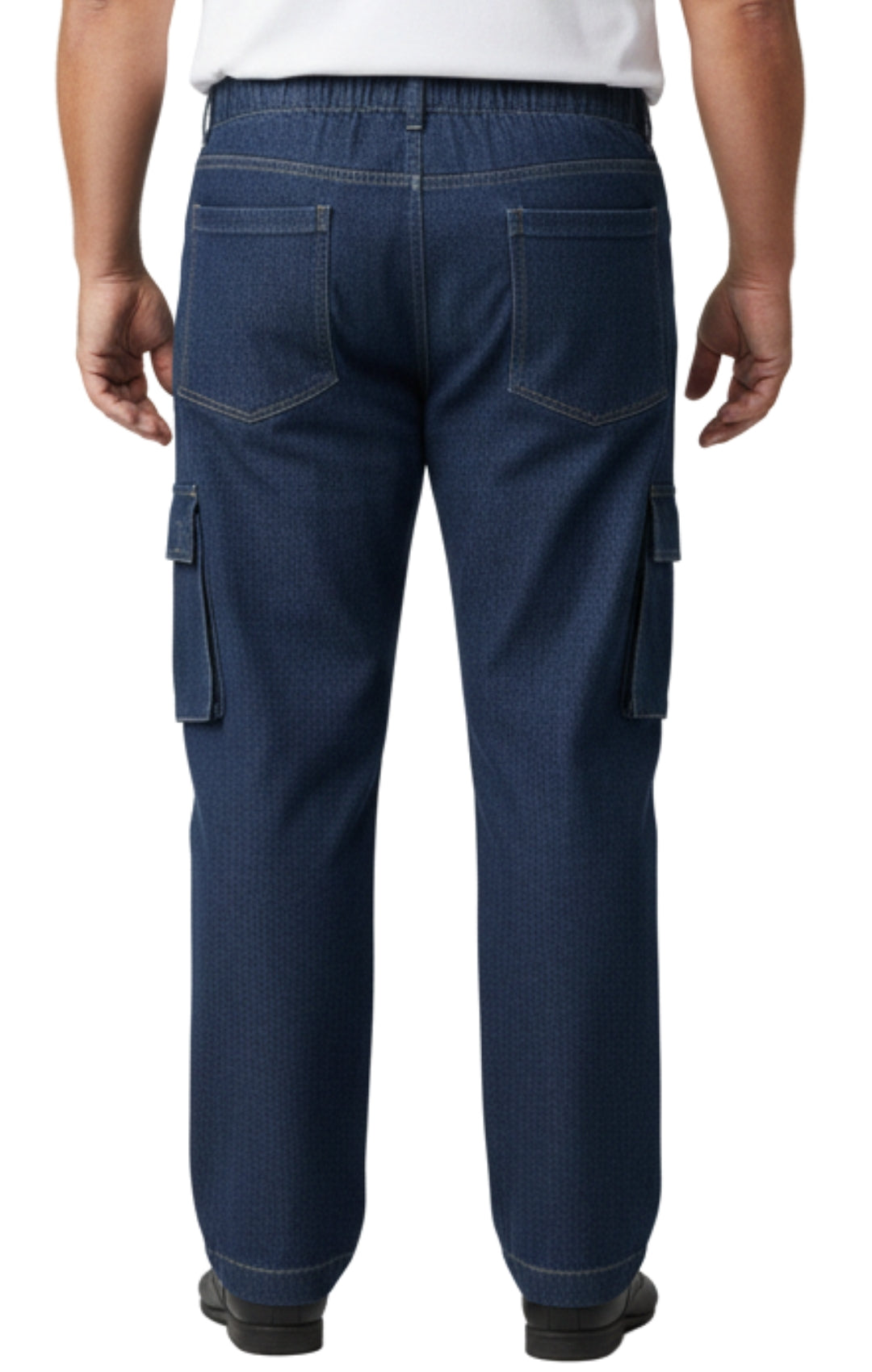 Blue cargo pants worn by a person on a white background