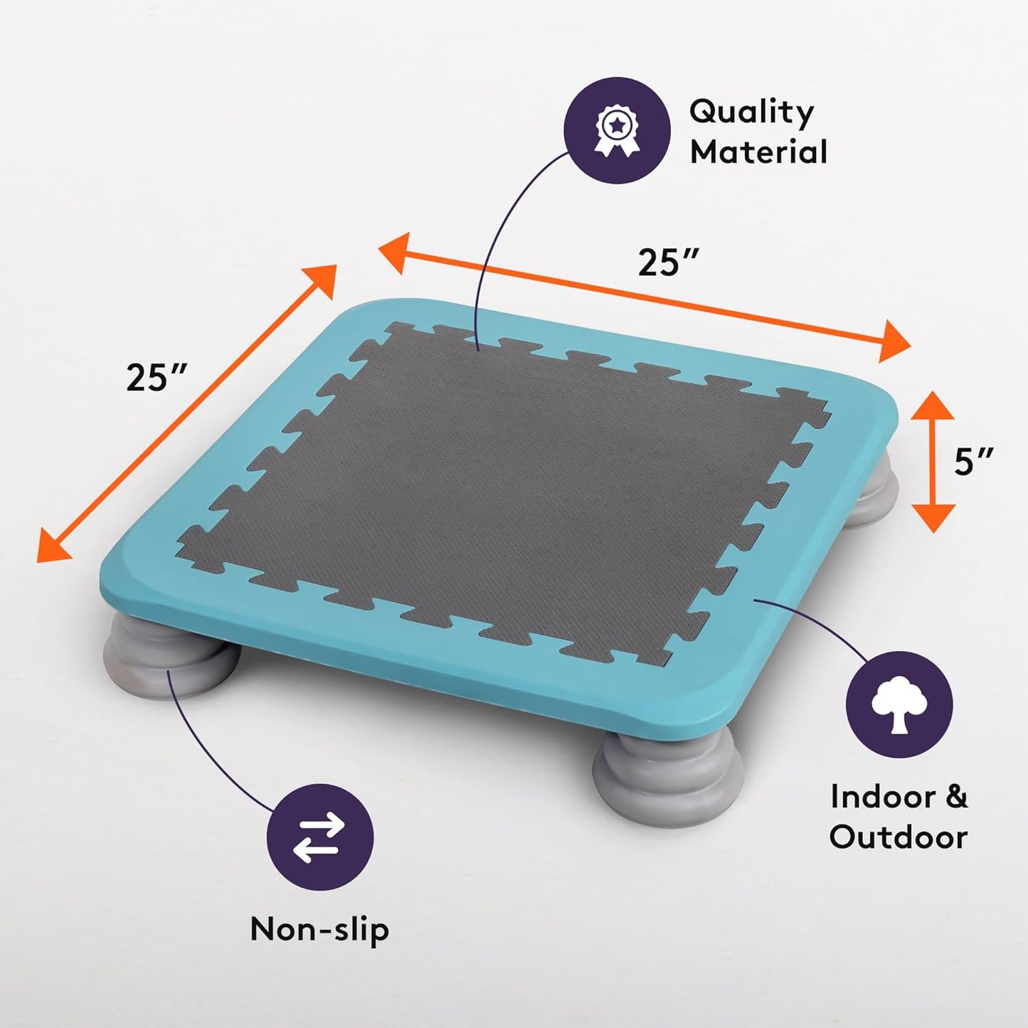 Blue kids trampoline rebounder board with gray interlocking top and four gray spring bases
