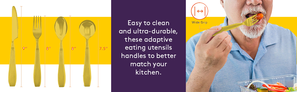 Gold adaptive utensils set with wide-grip handles, knife, fork, and spoons