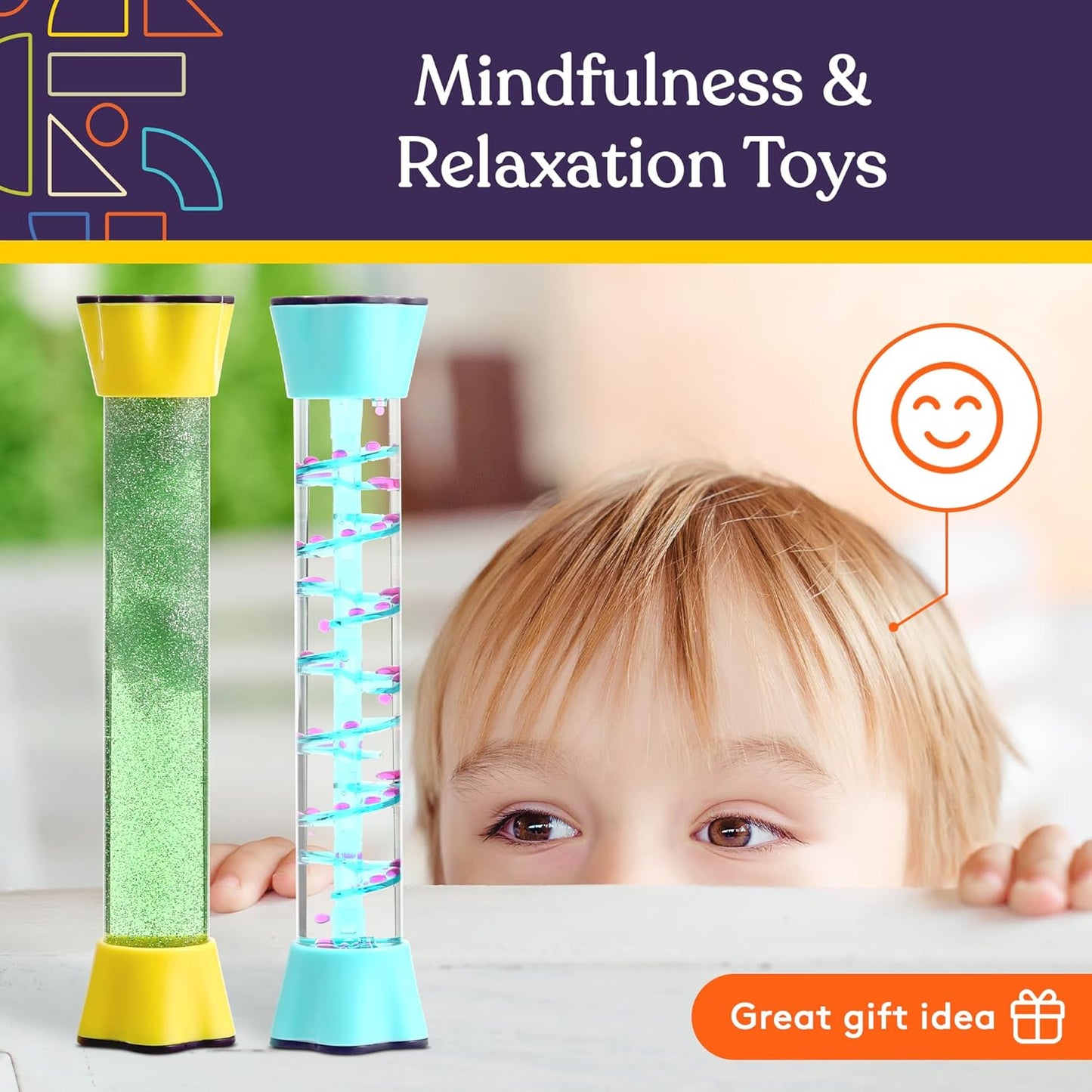 Green and blue sensory motion tubes with sparkling chambers, upright and side by side