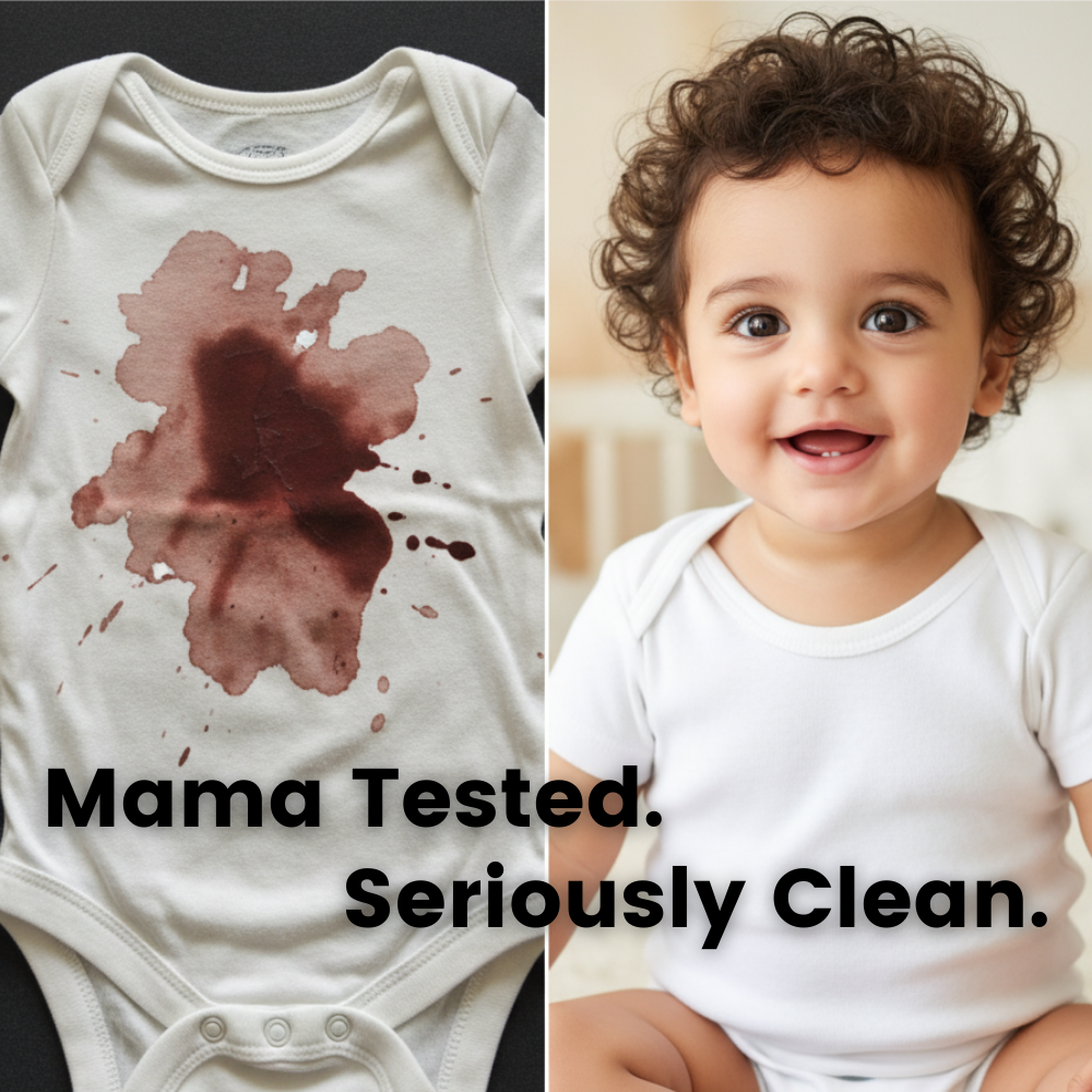 Sensitive skin laundry detergent sheets shown on a white baby onesie with stain graphic