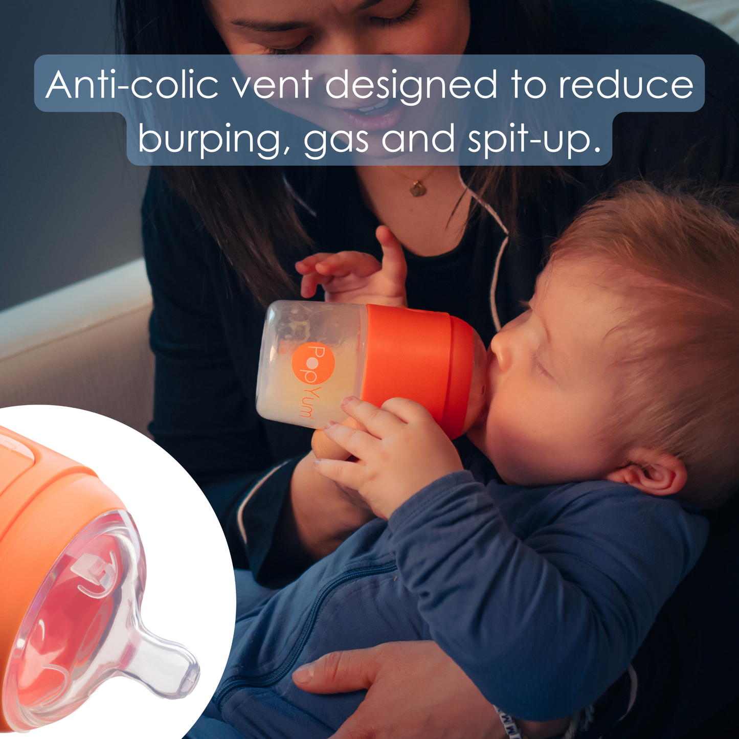 PopYum 9oz Anti-Colic Baby Bottle for Breast and Formula Feeding, Orange, #2 Medium Flow Nipples