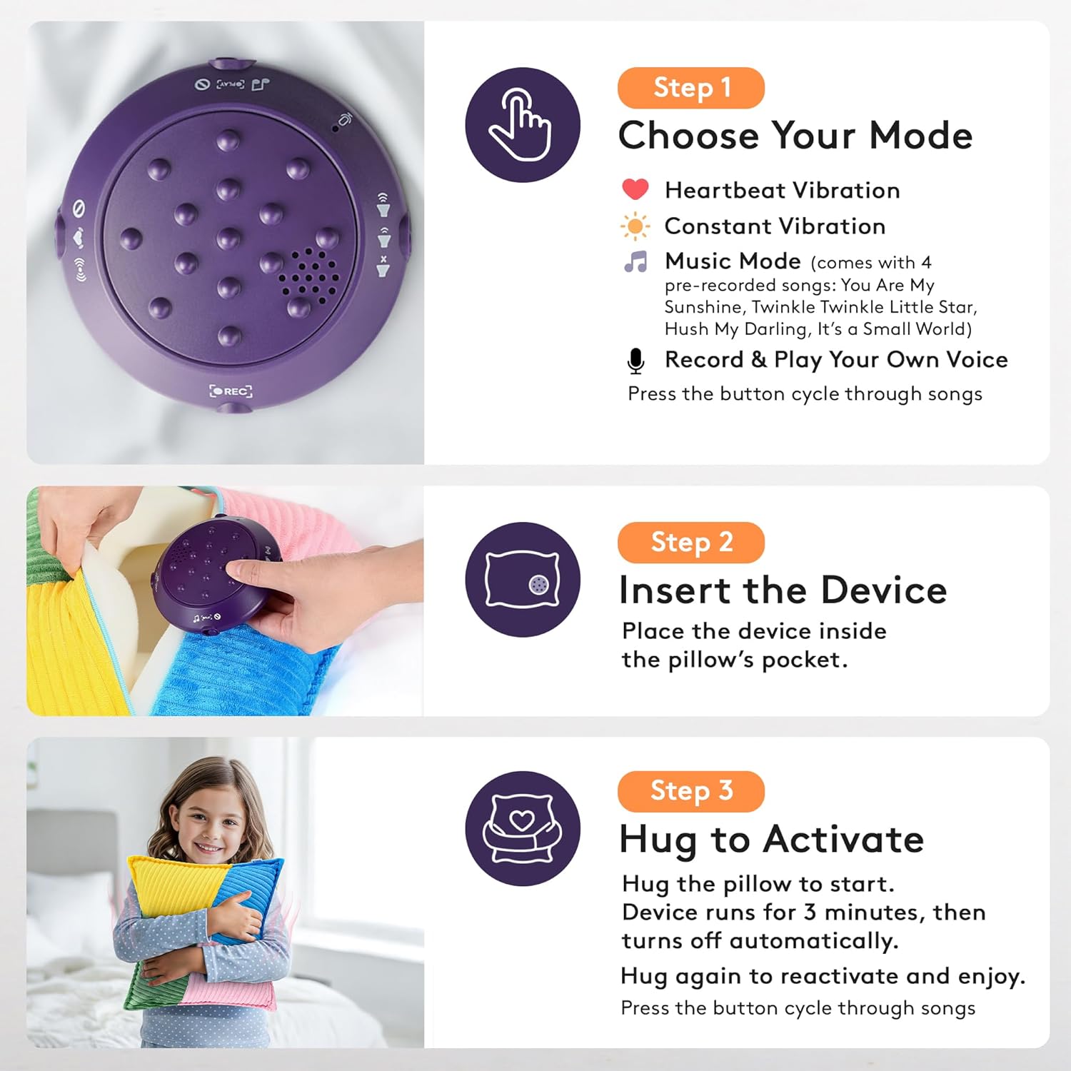 Purple vibrating control device with button panel and pillow pocket insertion