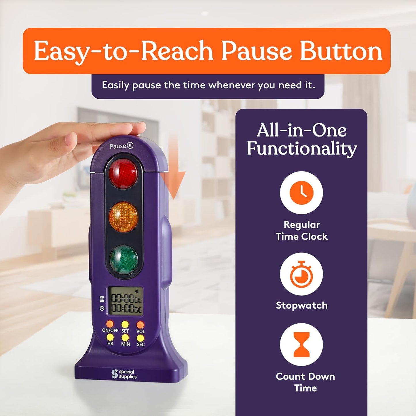 Traffic-light timer with hand pressing the pause button; red, yellow, and green lights