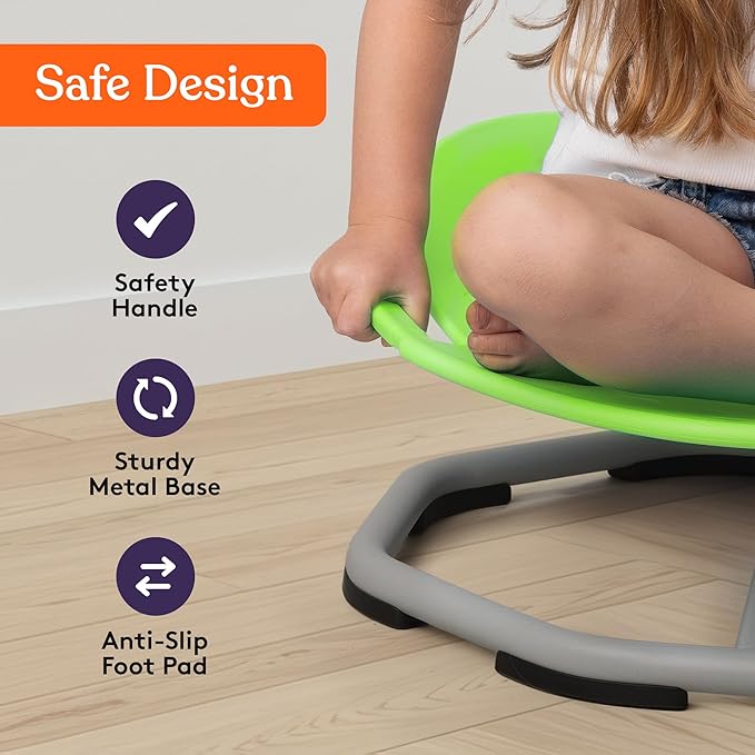 Green kids sensory spin chair with gray base and safety handle, anti-slip foot pads.