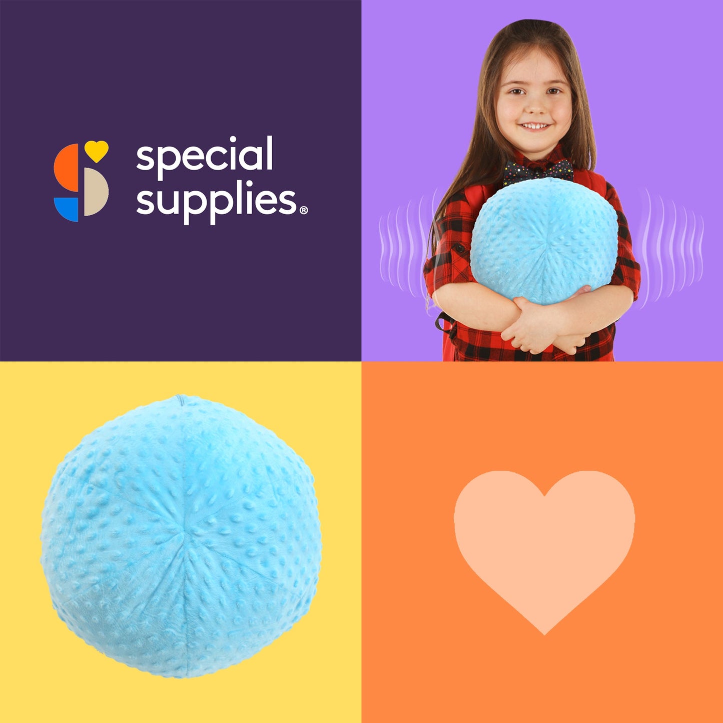 Blue vibrating sensory ball pillow, round textured cushion with seam detail