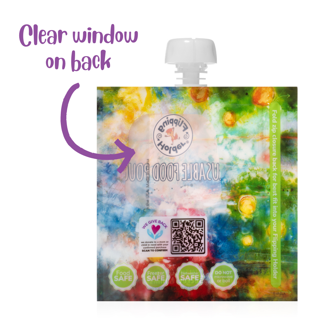 Reusable food pouch with clear back window and white cap, watercolor print