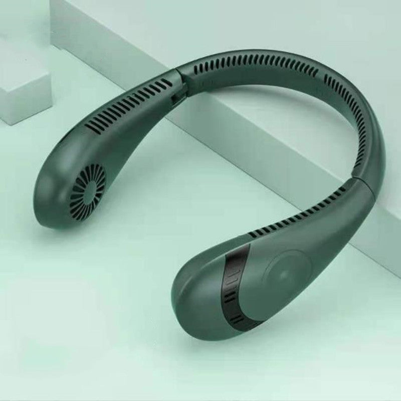 Portable hanging neck fan, dark green curved frame with vented fan openings and control panel.