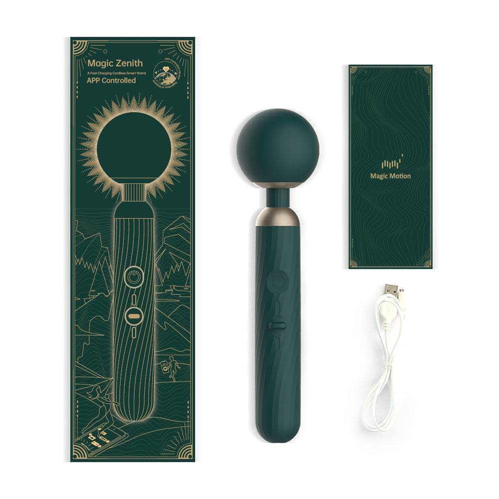 App-controlled massage wand set with dark teal wand, box, and USB cable
