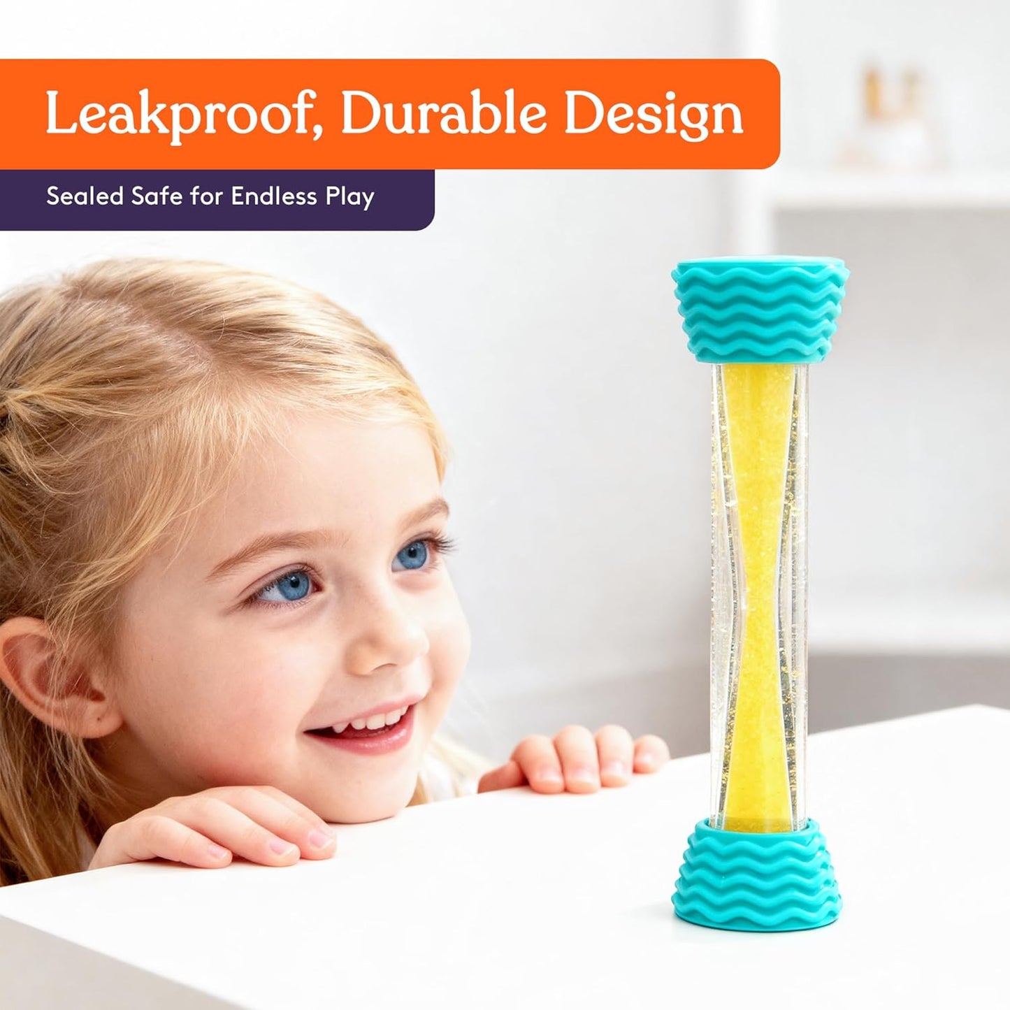 Single turquoise liquid motion hourglass tube with textured silicone caps and yellow glitter