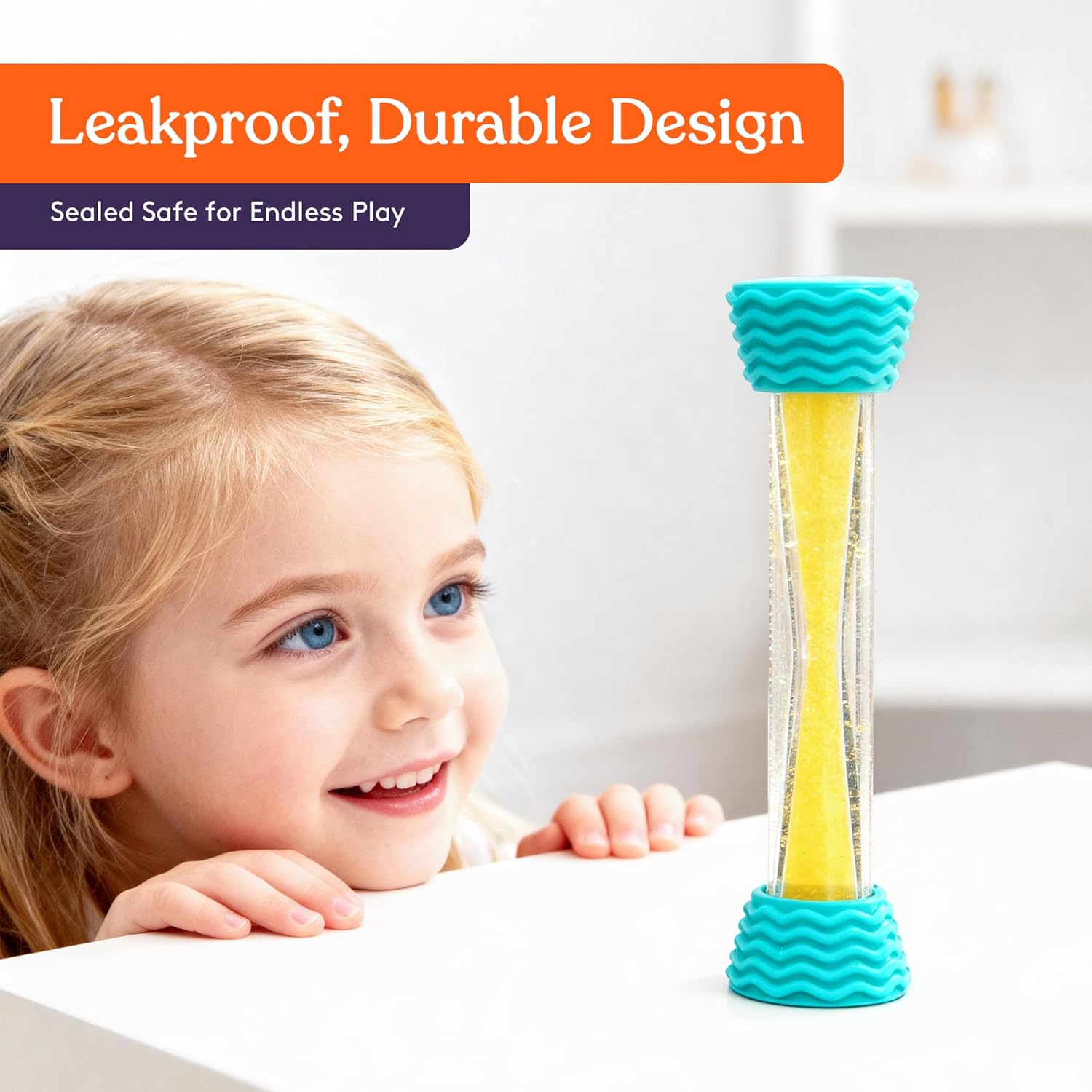 Single turquoise liquid motion hourglass tube with textured silicone caps and yellow glitter
