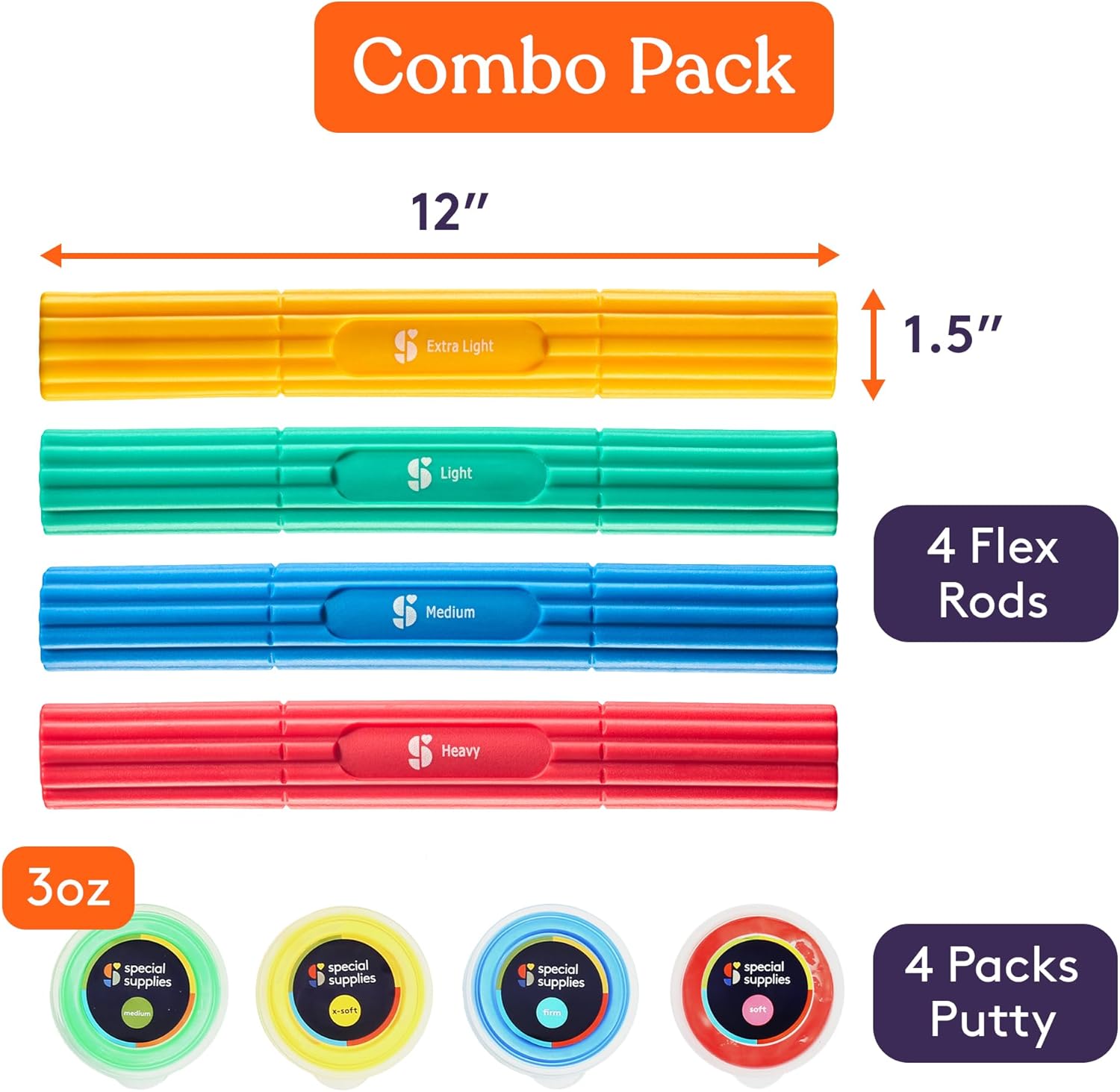 Hand therapy flex rod and putty combo pack with 4 colored rods and 4 putty containers
