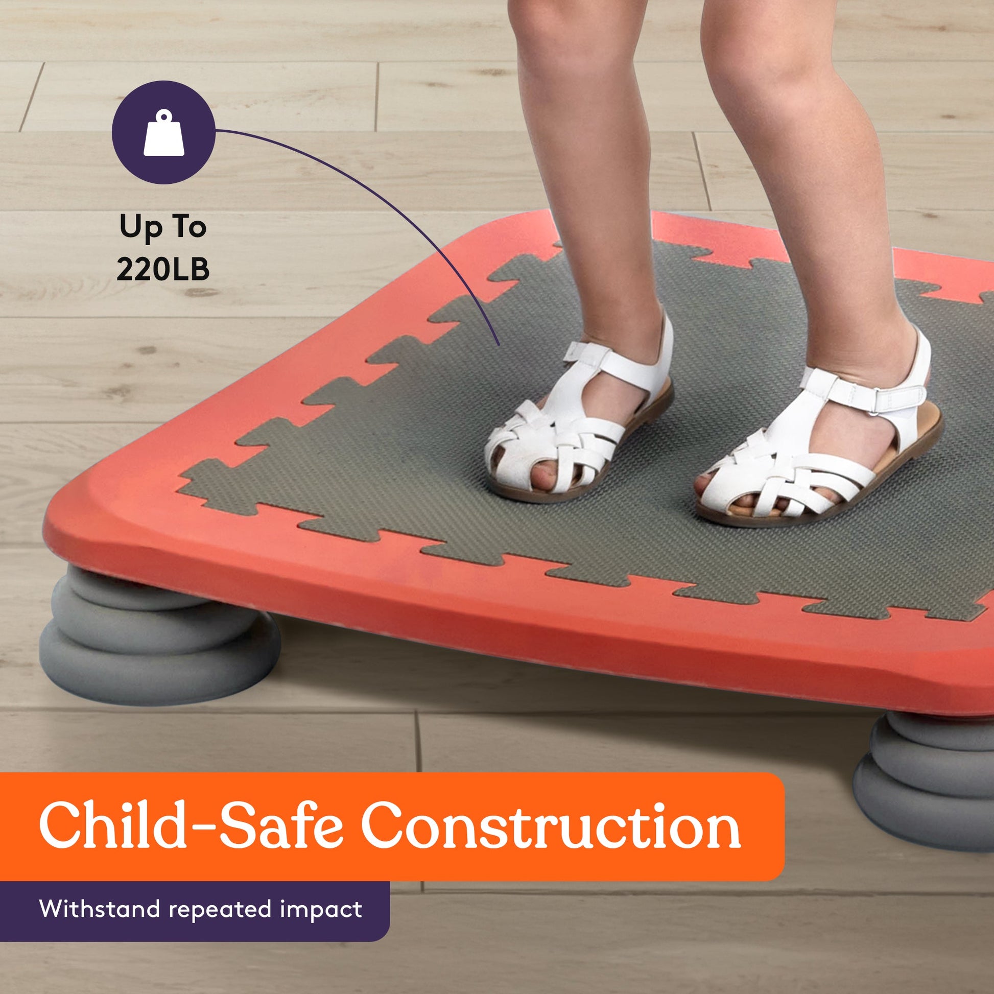 Kids trampoline rebounder bouncing board with red frame and grey non-slip surface
