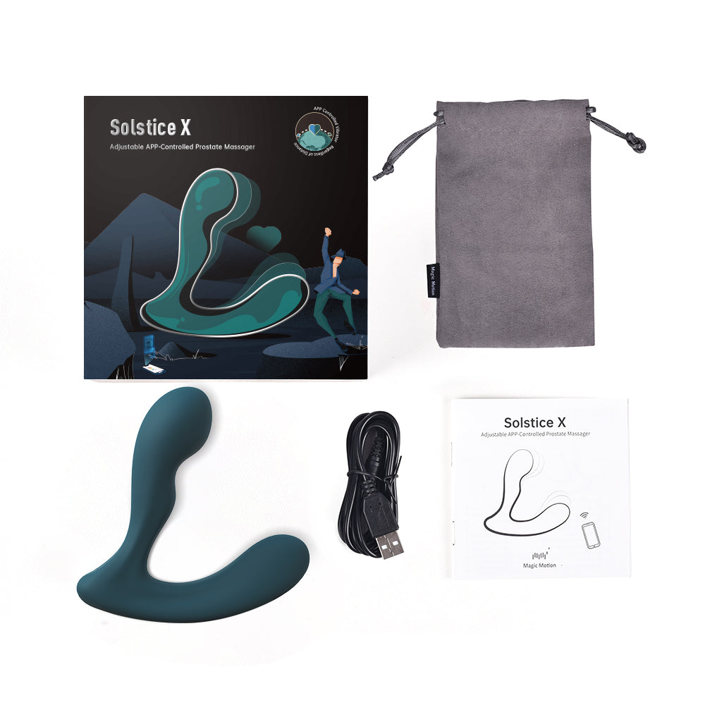 Teal silicone prostate massager with storage pouch and instruction items in set.