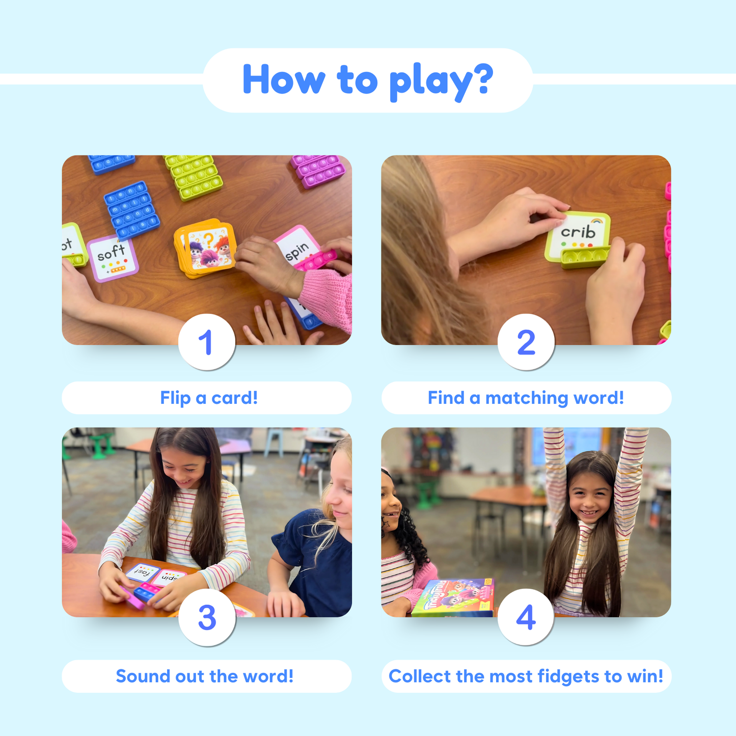 Children playing phonics word game with word cards and colorful letter tiles
