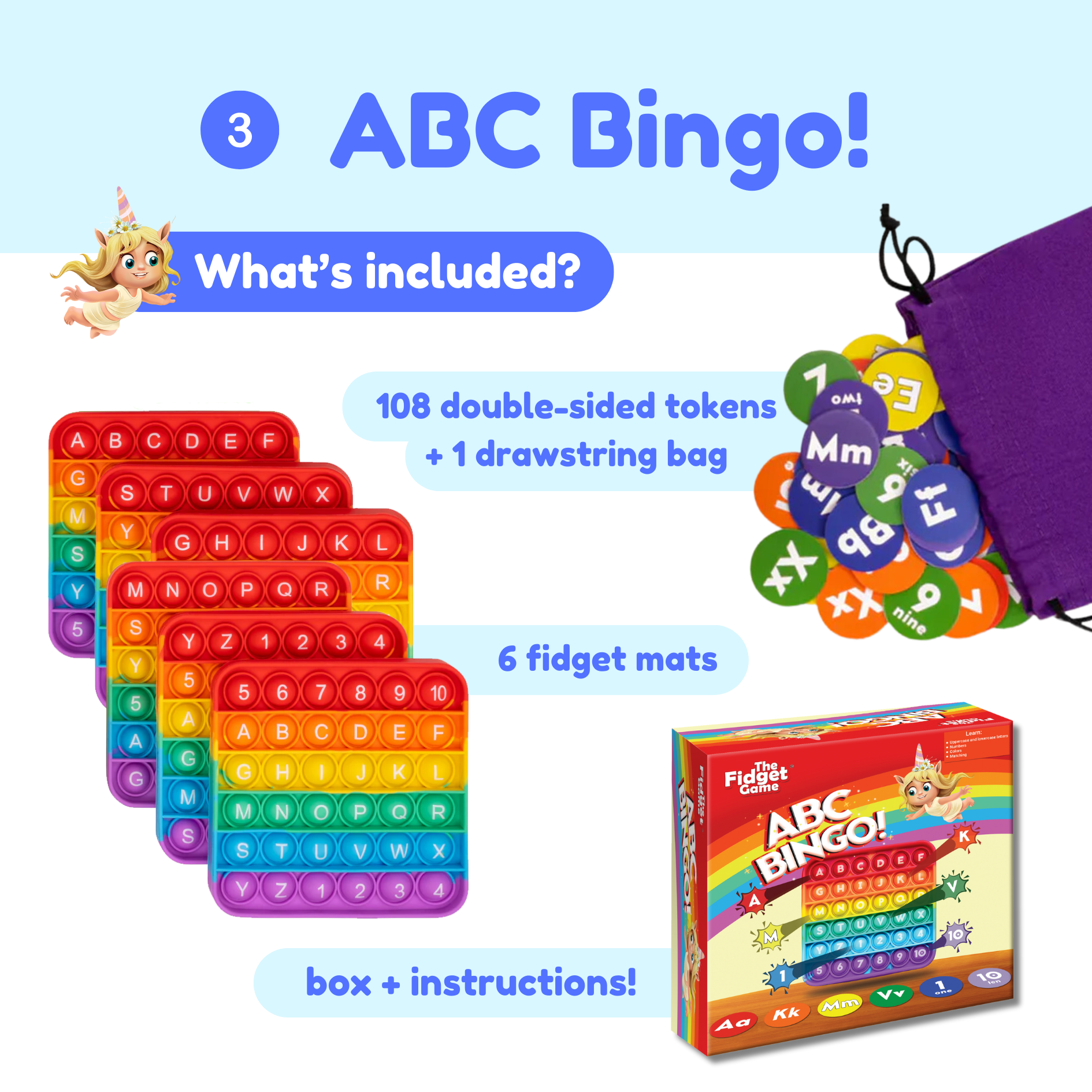 ABC bingo learning set with double-sided letter tokens, fidget mats, and game box