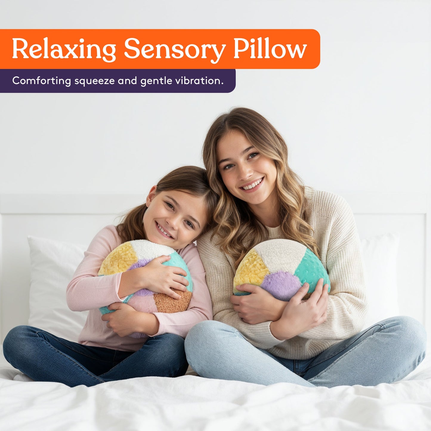 Relaxing sensory weighted pillow hugged by mother and child, multicolor plush ball
