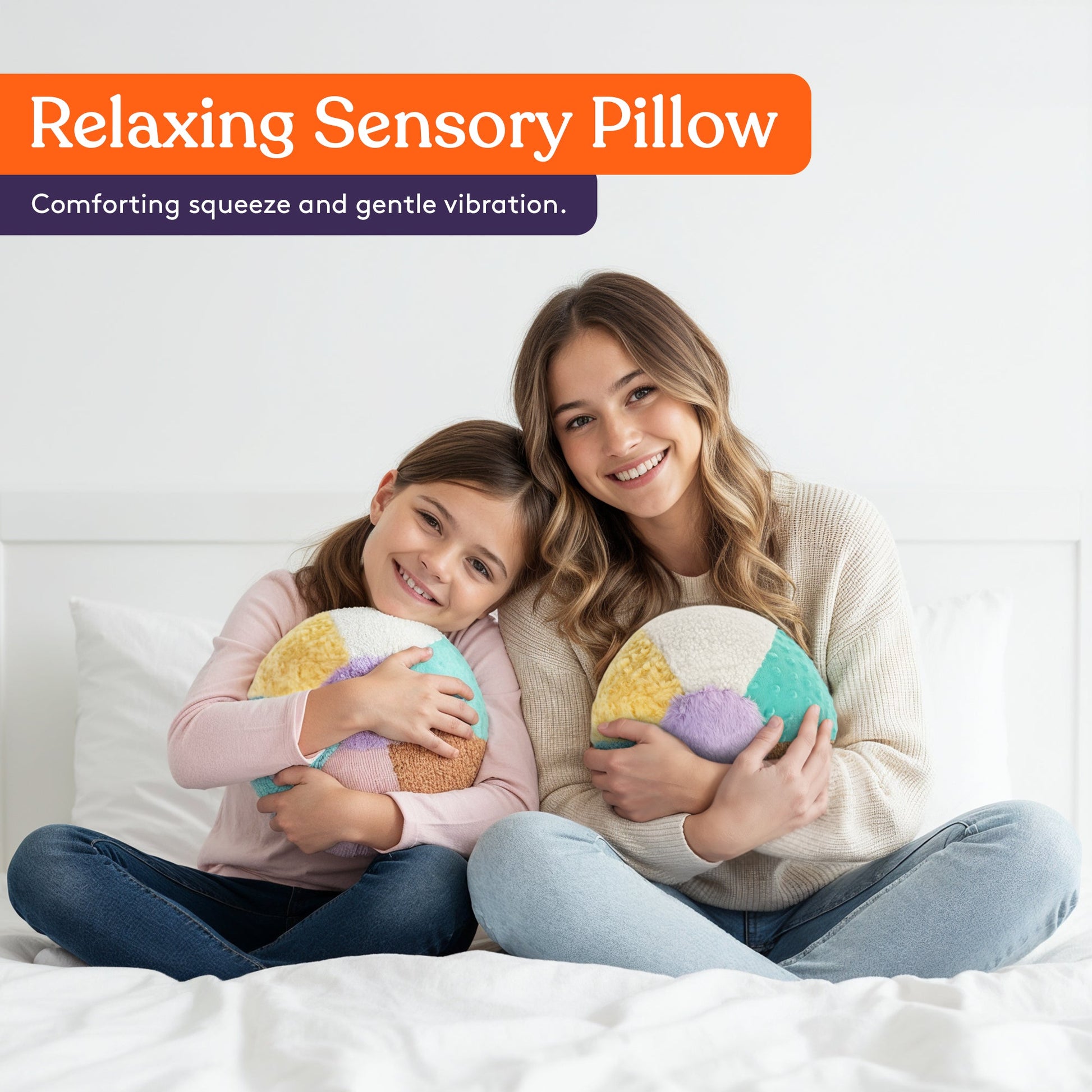 Relaxing sensory weighted pillow hugged by mother and child, multicolor plush ball