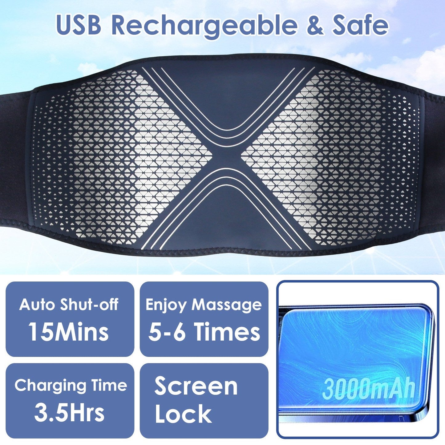 Close-up of lower back massage pad panel, dark blue fabric with blue-white crisscross pattern