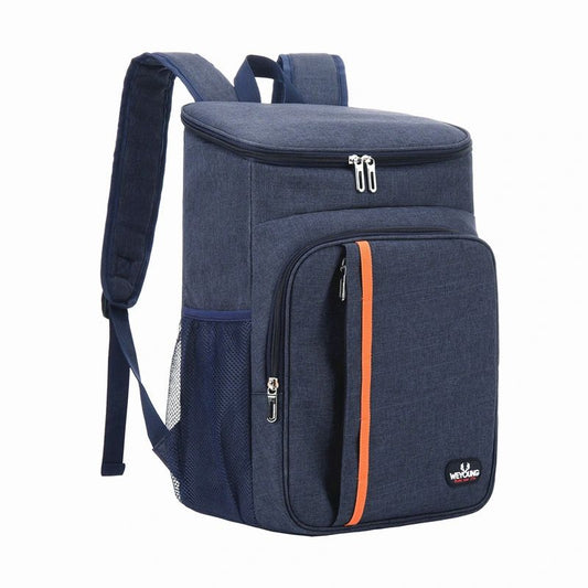 Blue insulated lunch backpack with front zip pocket, orange stripe, and top handle
