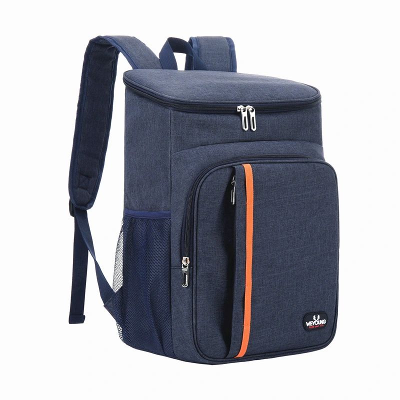 Navy-blue insulated lunch backpack with curved front zip, orange trim, and top zipper pouch