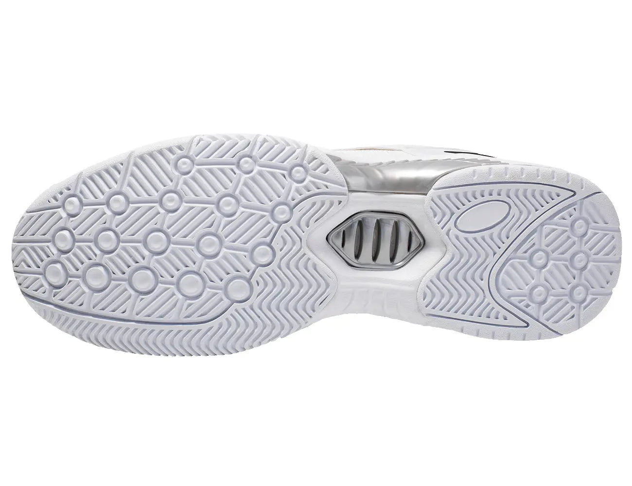 White walking shoe outsole with circular traction tread and grip channels