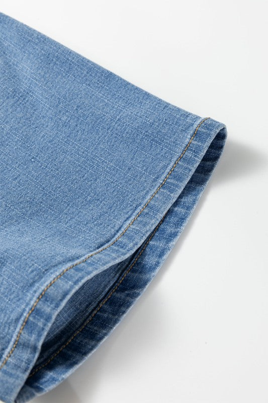 Denim mini dress side seam and folded hem, light blue