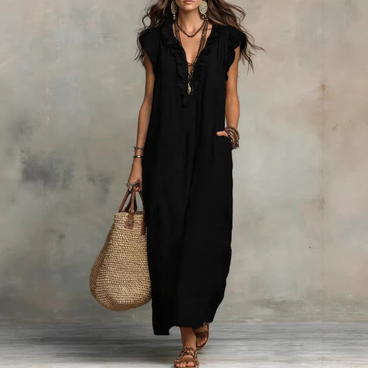 Black sleeveless maxi dress with ruffle neckline and keyhole button front